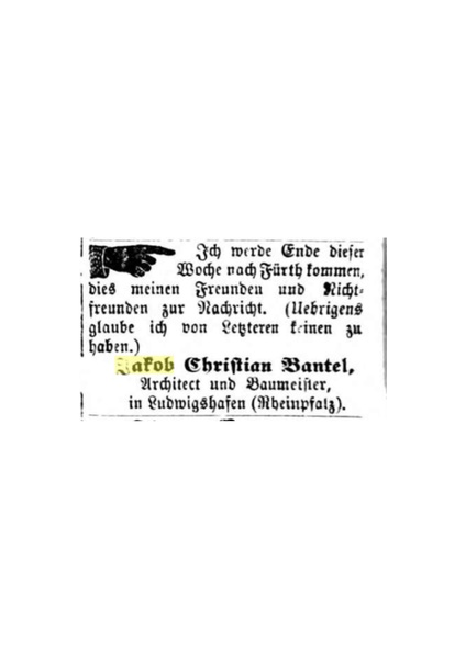 Datei:Jakob Christian Bantel - 1870 - Anzeige - Fürther neueste Nachrichten für Stadt und Land. 1870,1-6 = Jg. 2.pdf