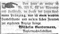Zeitungsannonce des Papiermachéfabrikanten <a class="mw-selflink selflink">Wilhelm Gundermann</a>, August 1854