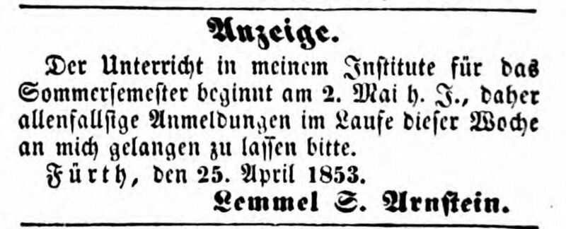 Datei:Lemmel Arnstein Fürther Tagblatt 26.04.1853.jpg
