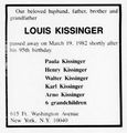 Todesanzeige von Louis Kissinger, 1982