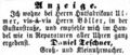 Zeitungsanzeige des Uhrmachers <!--LINK'" 0:35--> in der Gustavstraße, August 1862
