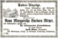 Todesanzeige für Anna Margaretha Barbara Meyer, Juni 1877
