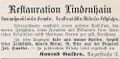 Werbeannonce "Restauration Lindenhain", Juli 1898