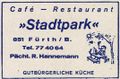 Zündholzschachtel Etikett des Stadtpark-Restaurant, um 1965