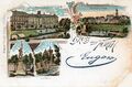 Ansichtskarte mit Grüßen aus Fürth - Motive mit Hornschuchpormenade, Alte Veste, Poppenreuther Brücke (eigentlich Ludwigbrücke) und Kriegerdenkmal 1870/71, gel. Mrz 1899