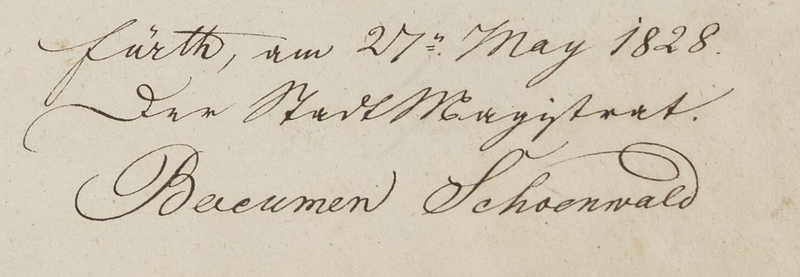 Datei:Unterschrift Bäumen, Schönwald Einladung zur Einweihung des christlichen Hospitals. CAHJP, Gemeinde Fürth D-Fu1-18.png