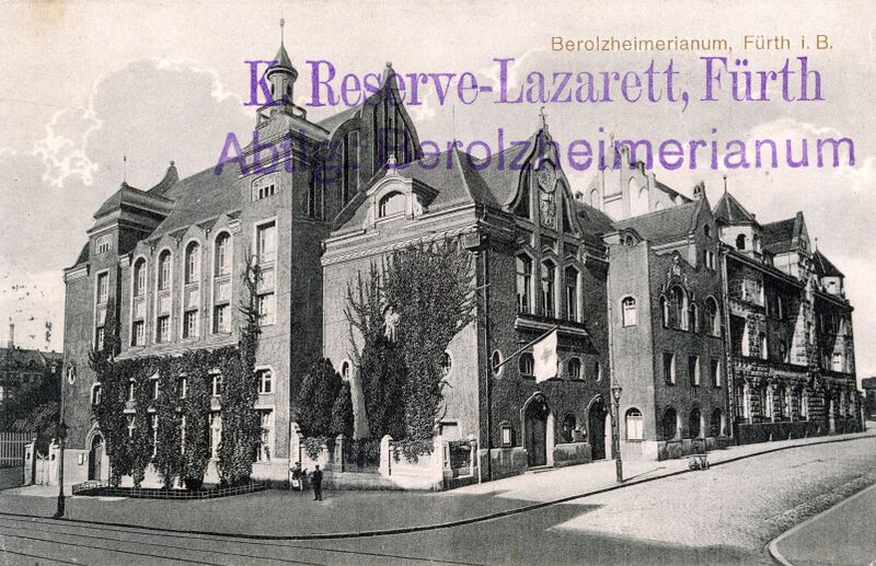 Datei:AK Reserve Lazarett Berolzheimerianum gel 18 Aug 1915.jpg