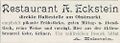 Werbeannonce "Restaurant A. Eckstein", Juli 1898