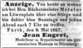 Zeitungsanzeige des Bildhauers <!--LINK'" 0:2-->, Mai 1857