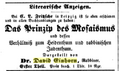 Werbeanzeige David Einhorn: "Das Prinzip des Mosaismus", Allgemeine Zeitung des Judenthums 7. November 1853