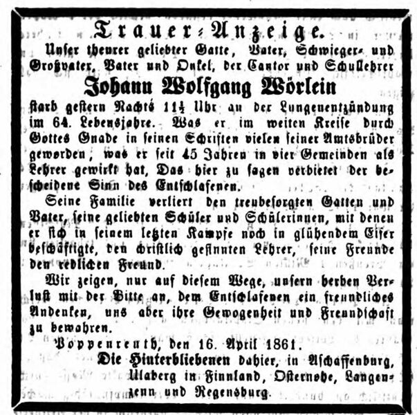 Datei:Todesanzeige Wörlein, Nürnberger Kurier (Friedens- und Kriegs-Kurier). 18.4.1861.jpg
