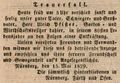 Traueranzeige für <!--LINK'" 0:3-->, 1829 (Die Ortsangabe "Nürnberg" war ein Druckfehler, der in der nächsten Zeitungsausgabe zu "Fürth" berichtigt wurde.)