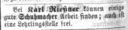 Lehrstellenanzeige Schuhmacher Rießner, Ftgbl. 16.04.1863.jpg