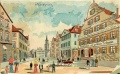 Der <a class="mw-selflink selflink">Marktplatz</a> (heute: Grüner Markt) auf einer historischen Postkarte, gemalte Ansicht vom Südende des Platzes