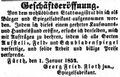 Zeitungsannonce des Spiegelfabrikanten <a class="mw-selflink selflink">Georg Friedrich Floth</a>, Januar 1852