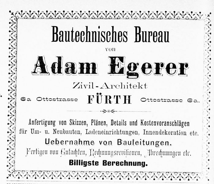Datei:Adam Egerer Anzeige, Fürther Adressbuch 1889.png