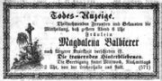 Todesanzeige Magdalena - Fürther neuesete Nachrichten 28.01.1874.jpg