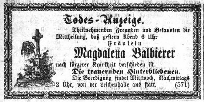 Datei:Todesanzeige Magdalena - Fürther neuesete Nachrichten 28.01.1874.jpg