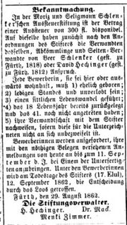 H. Hechinger Schlenker Aussteuerstiftung, Ftgbl. 31.08.1862.jpg