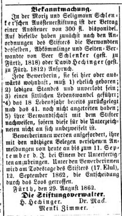 Aufruf der Moriz und Seligmann Schlenker´schen Aussteuerstiftung,Fürther Tagblatt 31.August 1862