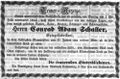 Todesanzeige für Conrad Adam Schaller, April 1858 <span class="smw-highlighter" data-type="8" data-state="inline" data-title="Hinweis" title="Urheber: Fürther TagblattErstellungsdatum: April 1858Lizenz: NoC-NC 1.0"><span class="smwtticon note"></span><span class="smwttcontent">Urheber: Fürther Tagblatt<br>Erstellungsdatum: April <!--LINK'" 0:3--><br>Lizenz: NoC-NC 1.0</span></span>