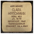 Stolperstein Klara Hirschmann, verh. Neu <span class="smw-highlighter" data-type="8" data-state="inline" data-title="Hinweis" title="Urheber: Chr. MichelidesErstellungsdatum: 2019Lizenz: cc-by-sa-4.0"><span class="smwtticon note"></span><span class="smwttcontent">Urheber: Chr. Michelides<br>Erstellungsdatum: <!--LINK'" 0:15--><br>Lizenz: cc-by-sa-4.0</span></span>