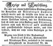 Andreas Schuh, Nürnberger Bote im Traubenhof, Ftgbl. 1.1.1854.jpg