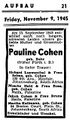 Todesanzeige Pauline Cohen (Großmutter von Ruth Weiss) in der Zeitung <!--IWLINK'" 35-->. Gestorben in Johannesburg (Südafrika), wohnhaft bis 1938/39 in Fürth, Theaterstraße 17.