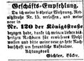 Bäcker Eichler zieht von Rednitzstraße in Königstraße, Fürther Tagblatt 7.5.1872
