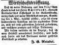 Zeitungsanzeige des Wirts J. E. Reindel, April 1852