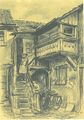 Ansichtskarte vom <a class="mw-selflink selflink">Fraveliershof</a> (Hintergebäude); Kohlezeichnung von <!--LINK'" 0:36-->, 1953