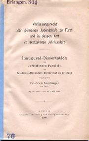 Verfassungsrecht der gemeinen Judenschaft zu Fürth und in dessen Amt im achtzehnten Jahrhundert (Buch).jpg