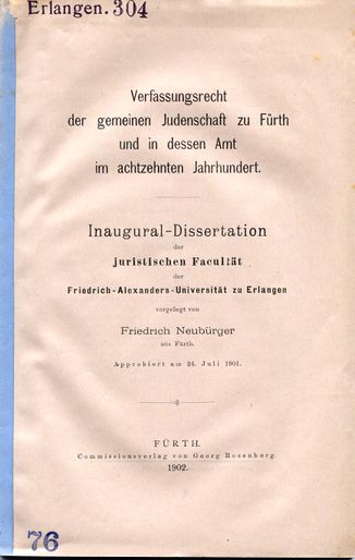 Verfassungsrecht der gemeinen Judenschaft zu Fürth und in dessen Amt im achtzehnten Jahrhundert (Buch).jpg
