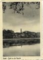 Alte Ansichtskarte mit Blick über den Wiesengrund - im Hintergrund der Fürther Rathausturm, gel. 1957