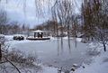 Quelltempel und zugefrorener Teich in der Kleinen Mainau im Dezember 2001 oder Januar 2002