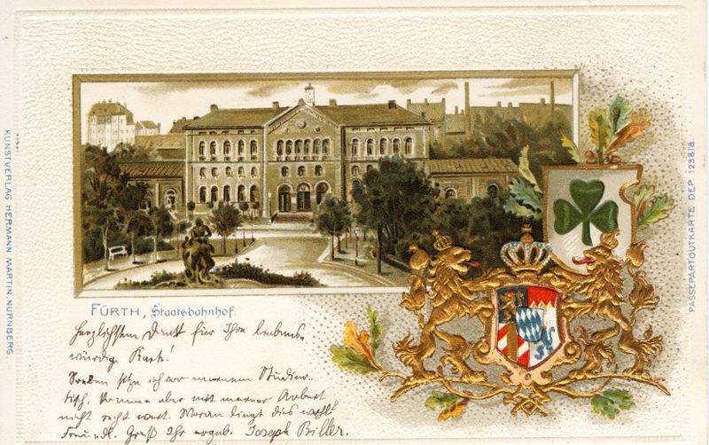 Datei:Präge-Passpartoutkarte Bahnhof Fürth, 1900.jpg