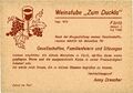 Empfehlungskarte für die Weinstube Duckla in der Mühlstraße 2 / Gustavstraße, vermutlich um 1950