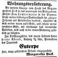 Zeitungsanzeige von Margaretha Bock, die in der  ein Lokal eröffnet, Februar 1854