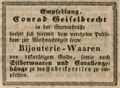 Zeitungsannonce des Juweliers <a class="mw-selflink selflink">Conrad Geiselbrecht</a>, Dezember 1845