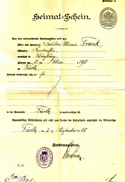 Datei:Marie Frank Heimatschein 1915.jpg