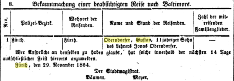 Datei:Gustav Oberndorfer Baltimore-Reise, kgl. Bayer. Kreis-Amtsblatt von Mittelfranken 1854, S.1829.png