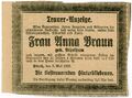 Anna Braun, geb. Vitzethum, Traueranzeige 1923 <span class="smw-highlighter" data-type="8" data-state="inline" data-title="Hinweis" title="Urheber: Ferdinand VitzethumErstellungsdatum: 1923Lizenz: cc-by-sa-3.0"><span class="smwtticon note"></span><span class="smwttcontent">Urheber: <a class="mw-selflink selflink">Ferdinand Vitzethum</a><br>Erstellungsdatum: <!--LINK'" 0:85--><br>Lizenz: cc-by-sa-3.0</span></span>
