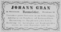 Anzeige von Baumeister Johann Gran im Adressbuch 1886