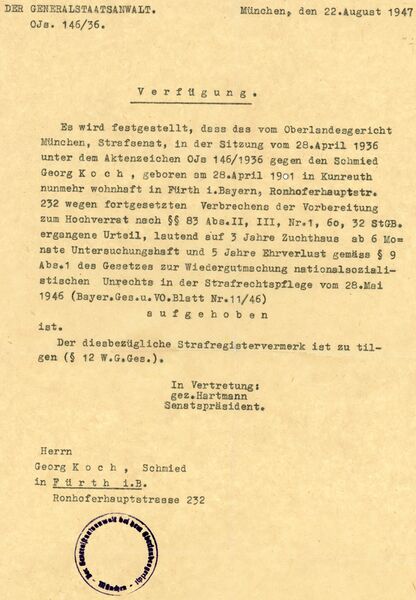 Datei:Georg Koch Entlastungsverfügung Aug 1947.jpg