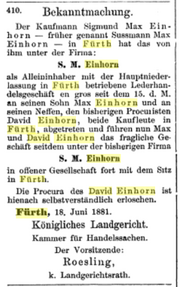 Geschäftsübergabe Lederhandlung Einhorn, Bayerische Handelszeitung 25. Juni 1881.png